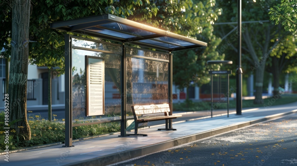 An empty bus stop on a city street. An empty bus stop on a city street.