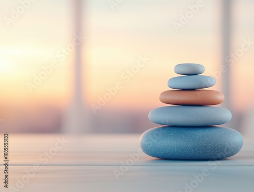 Elegant Tower of Smooth Pebbles Symbolizing Balance and Zen Amidst a Serene Sunset with Soft Pastel Colors