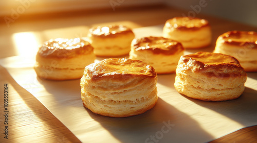 Baking Homemade, Freshly baked biscuits with soft, fluffy texture, golden brown crust, and warm appearance, perfect for breakfast or snacks