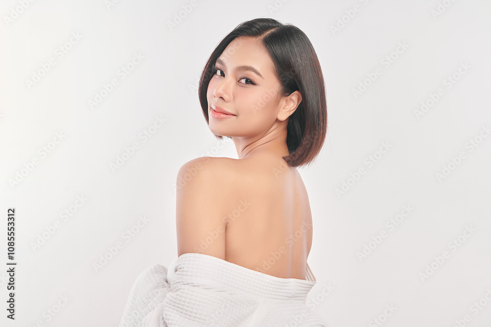 Beautiful young asian woman back view with clean fresh skin on white background, Face care, Facial treatment, Cosmetology, beauty and spa, Asian women portrait. Beautiful young asian woman back view with clean fresh skin on white background, Face care, Facial treatment, Cosmetology, beauty and spa, Asian women portrait.