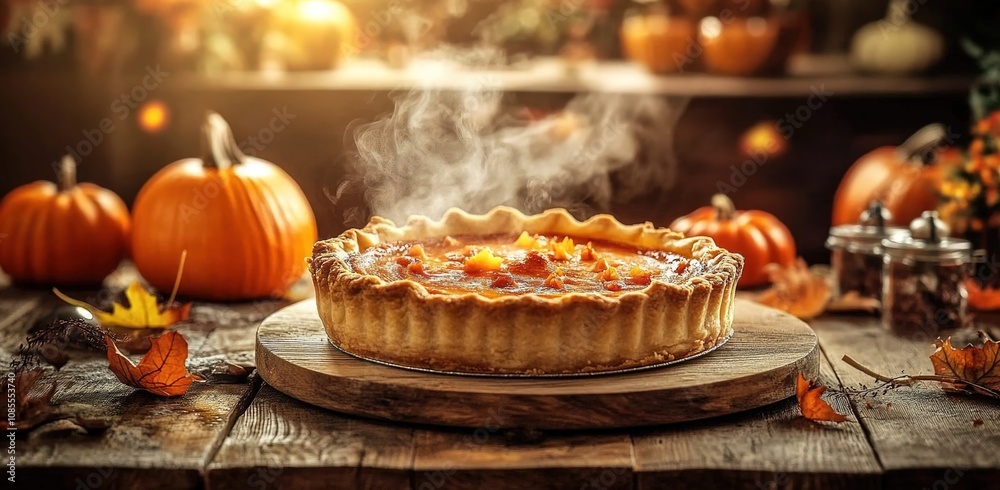 Pumpkin pie on a rustic wooden table with steam rising, autumnal decorations Pumpkin pie on a rustic wooden table with steam rising, autumnal decorations