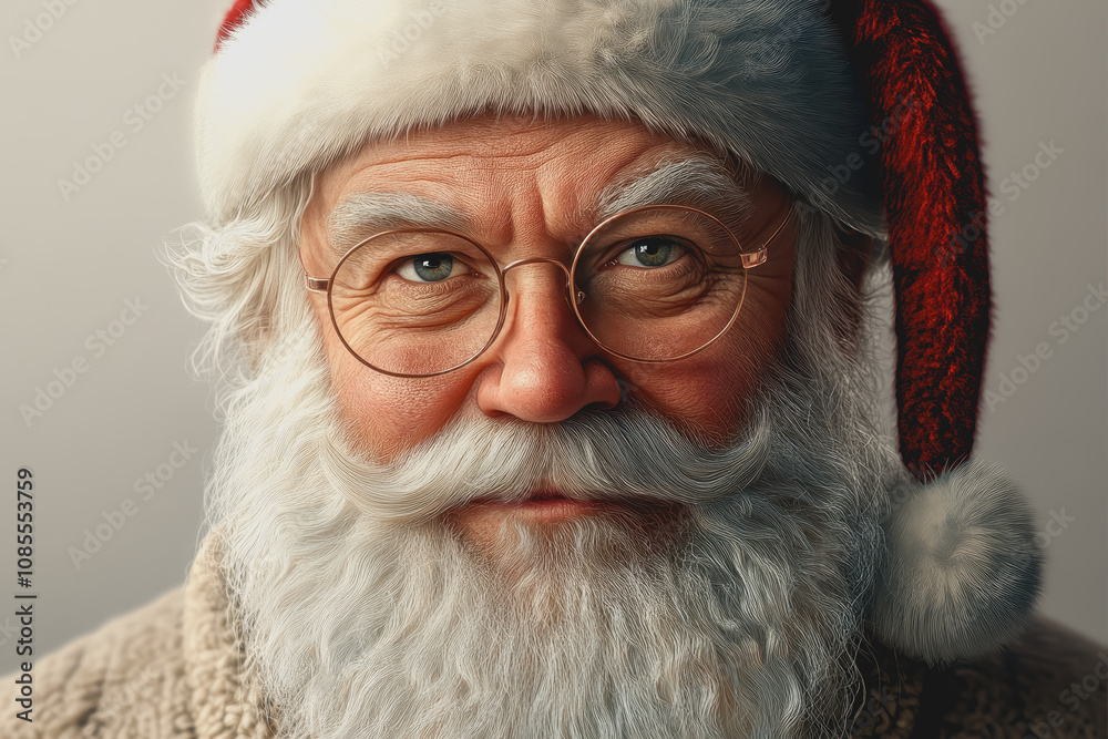 A Jolly Figure in a Santa Hat with a Thick White Beard and Glasses on an Isolated White Background for Holiday Themes A Jolly Figure in a Santa Hat with a Thick White Beard and Glasses on an Isolated White Background for Holiday Themes