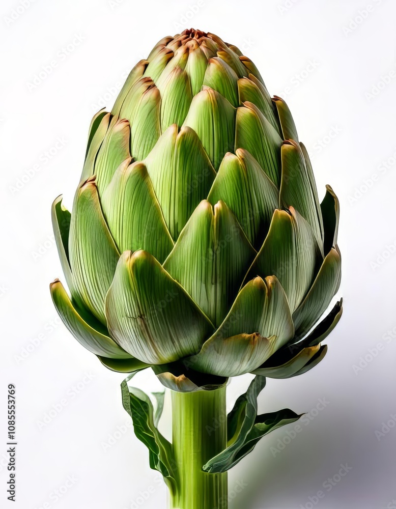 A fresh green artichoke displayed against a white background. A fresh green artichoke displayed against a white background.