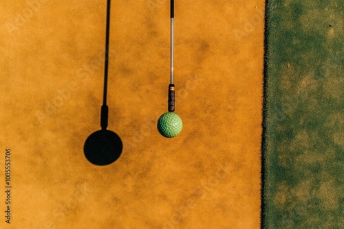 A green golf ball hangs from a club with its shadow on a yellow surface next to a green grass area.