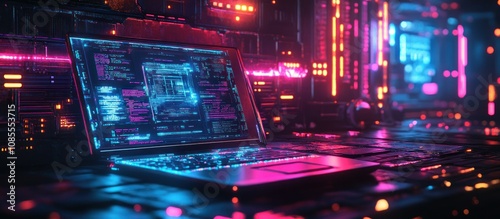 Futuristic laptop in a neon-lit digital environment.