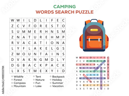 Illustration of camping word search puzzle