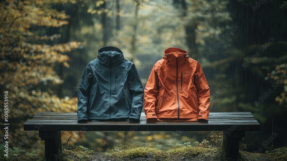 Two jackets displayed on a bench in a forest.