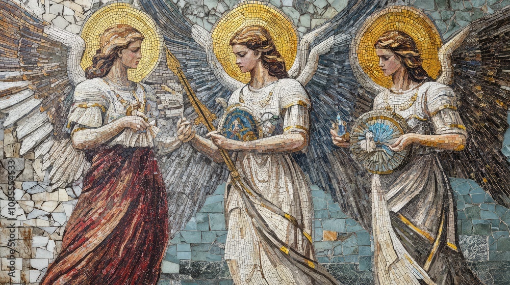 Fototapeta premium Angelic Figures in Vibrant Mosaic Art