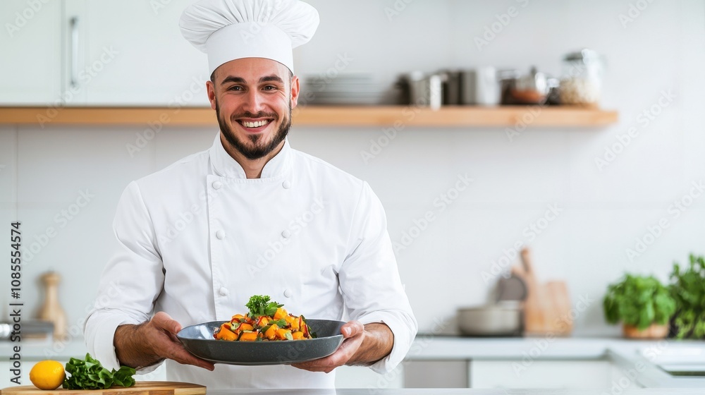 A smiling chef presents a colorful dish in a modern kitchen, showcasing culinary skills and vibrant ingredients. A smiling chef presents a colorful dish in a modern kitchen, showcasing culinary skills and vibrant ingredients.