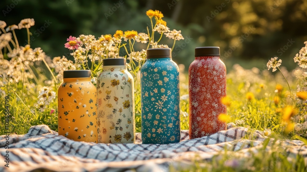 Colorful water bottles on a picnic blanket. Colorful water bottles on a picnic blanket.