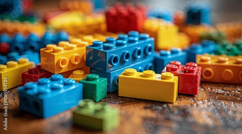 Colorful plastic blocks scattered on a wooden surface.