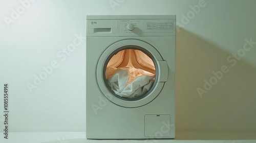 Modern Washing Machine with Open Door Showing Soft White Fabric, Minimalist Design and Soft Lighting, Perfect for Home Laundry Imagery and Appliance Catalogs