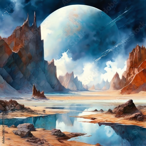 watercolor landscape of an space alien planet with moutains and river, big blue planet in the sky