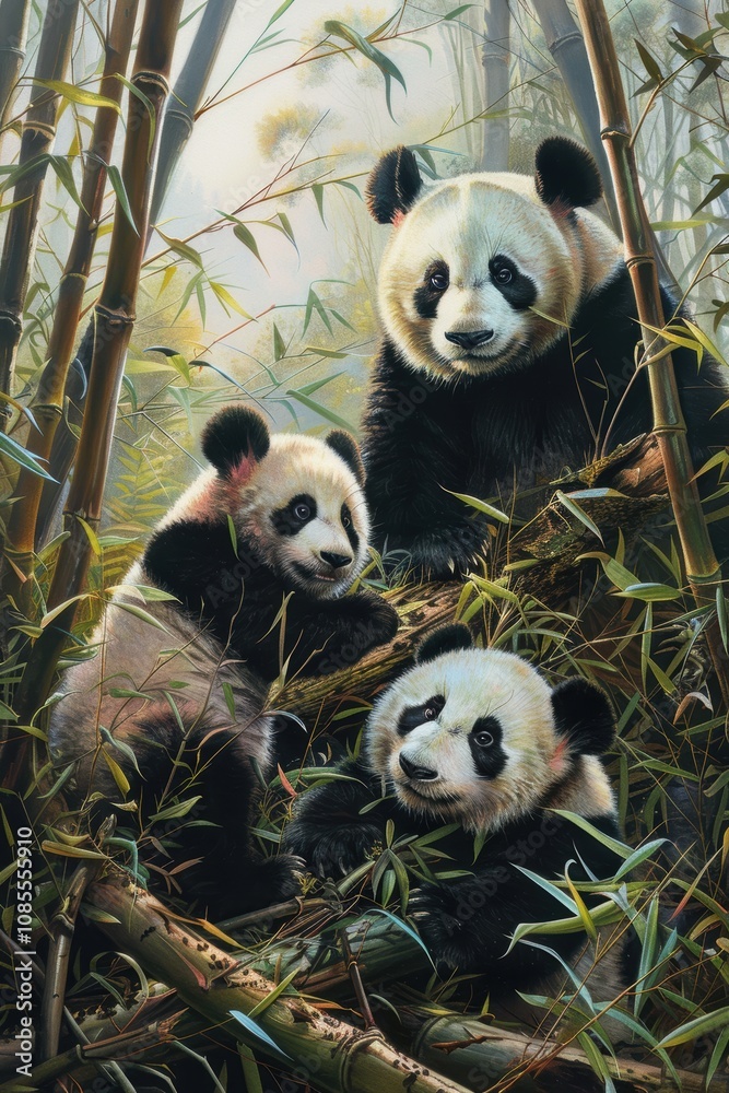 Fototapeta premium Playful Panda Family in Bamboo Forest - Nature's Delight and Wildlife Exploration