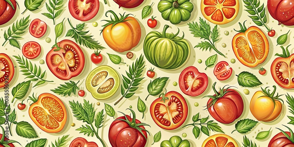 A vibrant pattern featuring tomatoes, halved, whole, and sliced, alongside lush green foliage, depicting the essence of garden freshness. A vibrant pattern featuring tomatoes, halved, whole, and sliced, alongside lush green foliage, depicting the essence of garden freshness.
