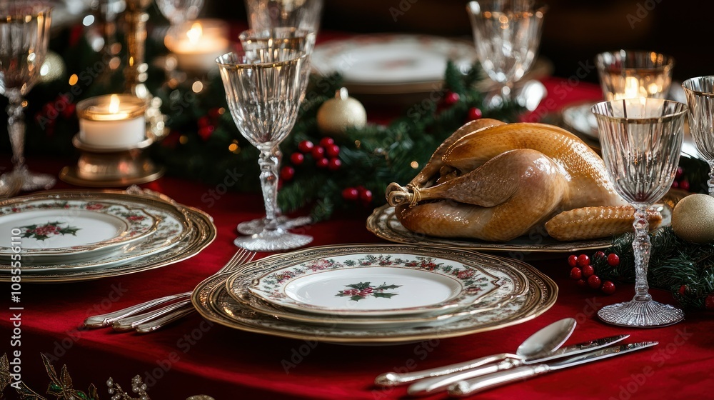 Festive dinner setting with a roasted turkey. Festive dinner setting with a roasted turkey.