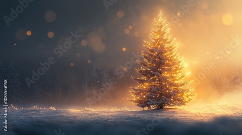 A glowing Christmas tree in a snowy landscape.