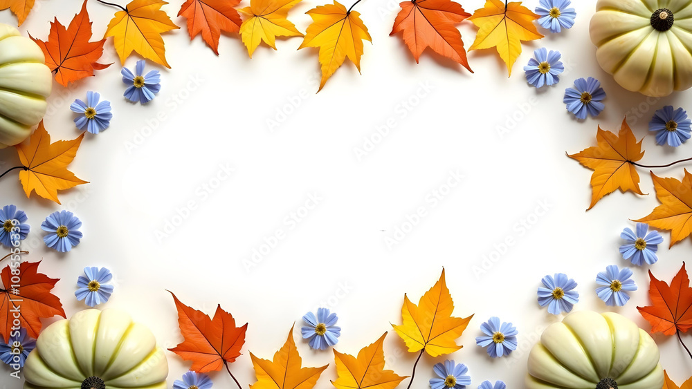 Autumnal Frame: Pumpkins, Maple Leaves, and Flowers Autumnal Frame: Pumpkins, Maple Leaves, and Flowers