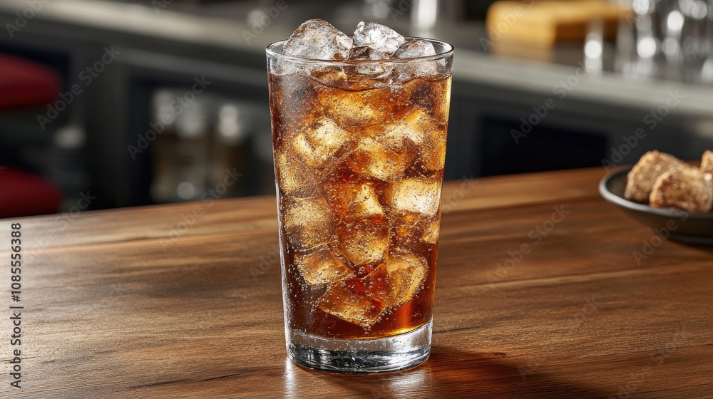 Refreshing Glass of Sparkling Cola with Ice Cubes on a Rustic Wooden Table in a Cozy Bar Setting, Perfect for Beverage Commercials or Food Blogs Refreshing Glass of Sparkling Cola with Ice Cubes on a Rustic Wooden Table in a Cozy Bar Setting, Perfect for Beverage Commercials or Food Blogs