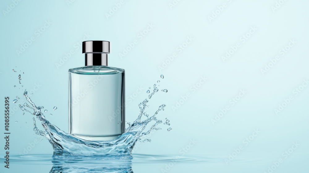 Freshness quality and aroma concept. Elegant splash of perfume bottle in crystal clear water, evoking freshness Freshness quality and aroma concept. Elegant splash of perfume bottle in crystal clear water, evoking freshness