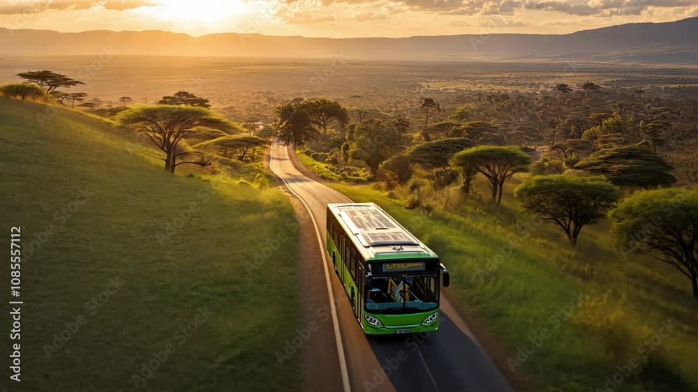 A green bus is driving down a road in a grassy field