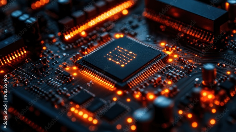 Close-up of a circuit board with glowing components. Close-up of a circuit board with glowing components.