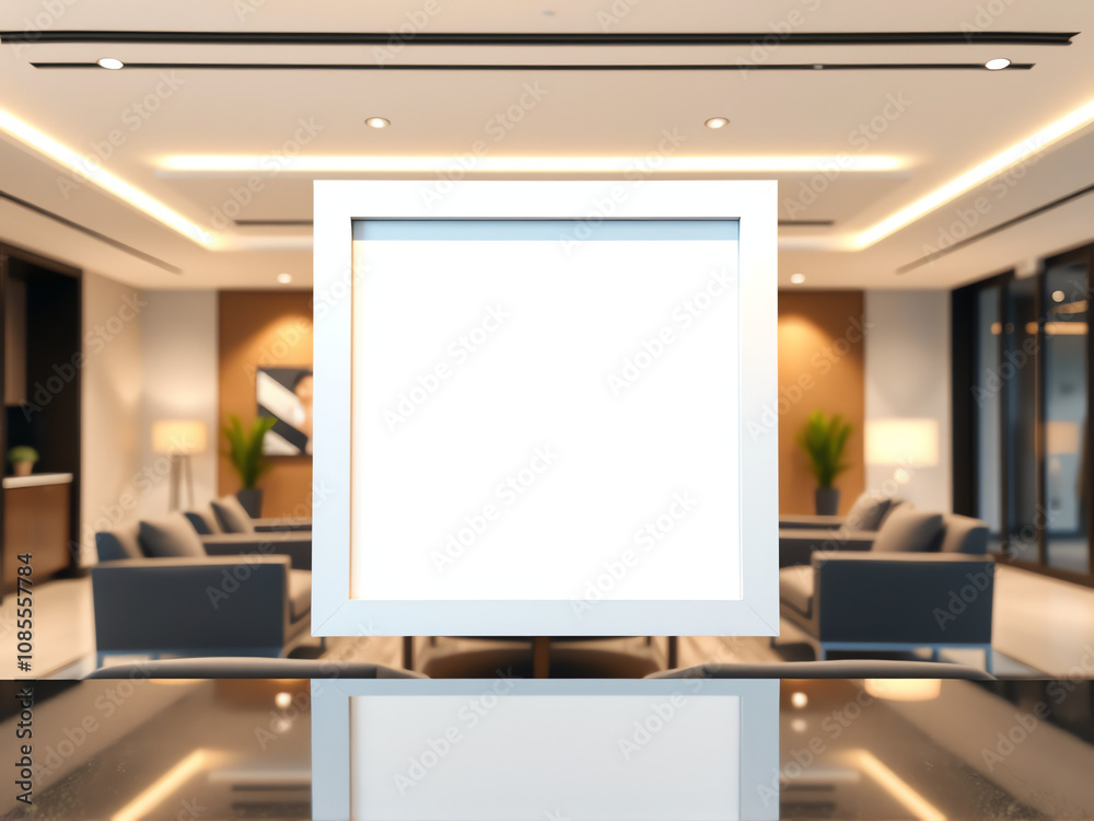 Modern interior lobby with a blank frame inviting creative display in a stylish setting Modern interior lobby with a blank frame inviting creative display in a stylish setting
