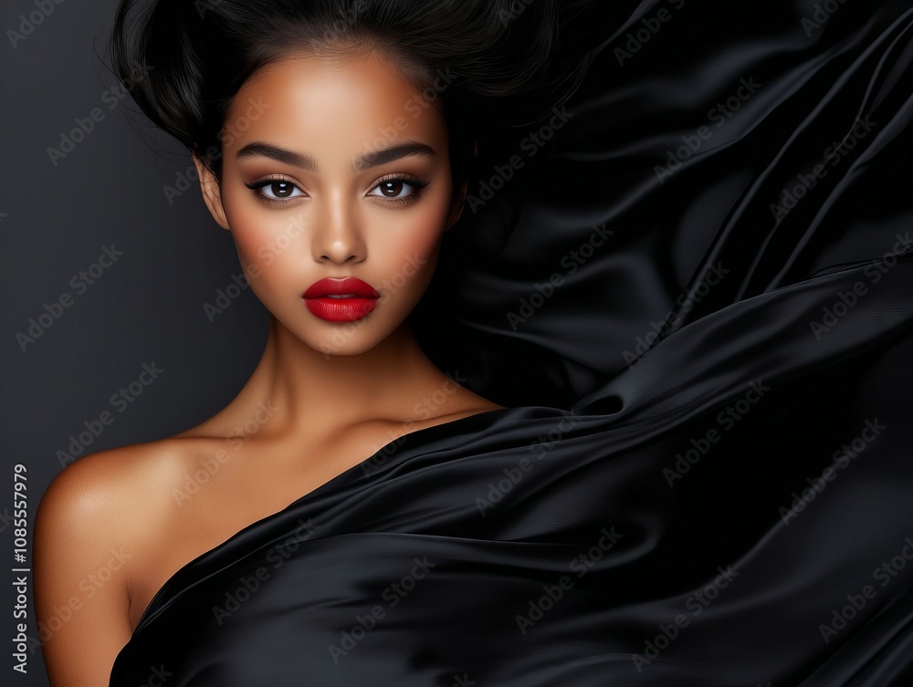 Fototapeta premium A woman in a black dress with a red lipstick