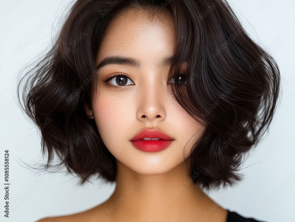 A woman with dark brown hair and red lipstick A woman with dark brown hair and red lipstick
