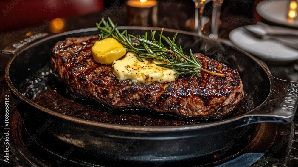 Juicy Grilled Steak with Fresh Herbs and Butter Served Hot on a Sizzling Plate in an Elegant Dining Setting Juicy Grilled Steak with Fresh Herbs and Butter Served Hot on a Sizzling Plate in an Elegant Dining Setting