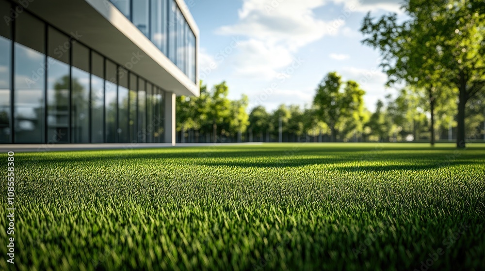 Green lawn spread across the foreground with a minimalist, modern office building in the distance, clear and crisp setting. Green lawn spread across the foreground with a minimalist, modern office building in the distance, clear and crisp setting.
