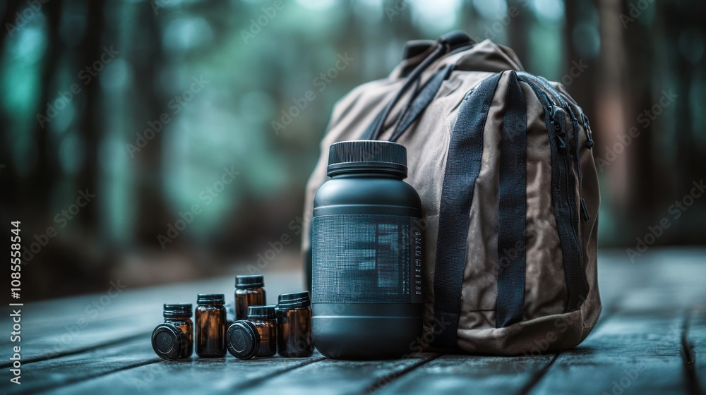 Fitness gear with supplements and a bag outdoors. Fitness gear with supplements and a bag outdoors.