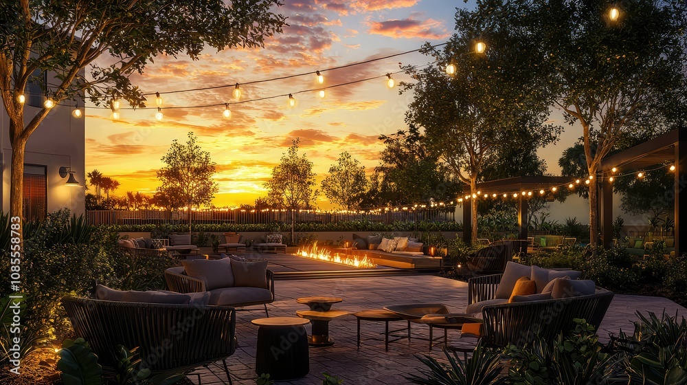 Obraz premium Cozy Evening Patio with String Lights at Sunset