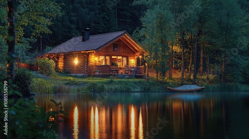 Cozy Cabin by the Lake at Evening