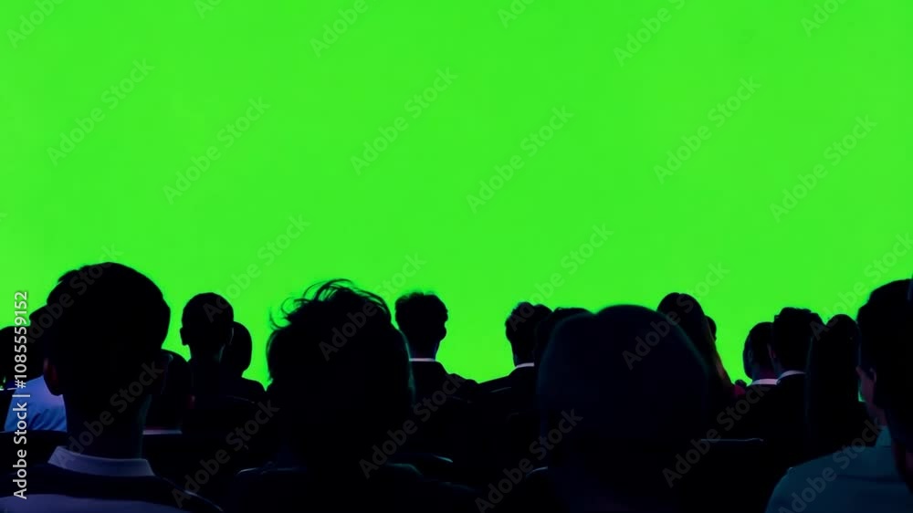 Big crowd or public silhouette watching a performance,sports game or other use. Audience 4k video chroma key copy space on empty green screen