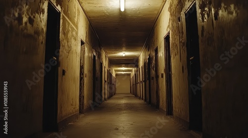 Empty Brutalist Hallway with Raw Concrete Walls
