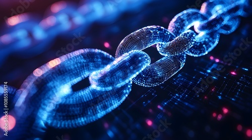 A glowing digital chain links elements in a futuristic network, symbolizing connectivity, technology, and blockchain innovation.