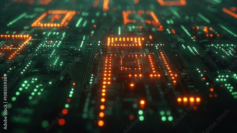 Abstract digital circuit board with glowing elements. Abstract digital circuit board with glowing elements.