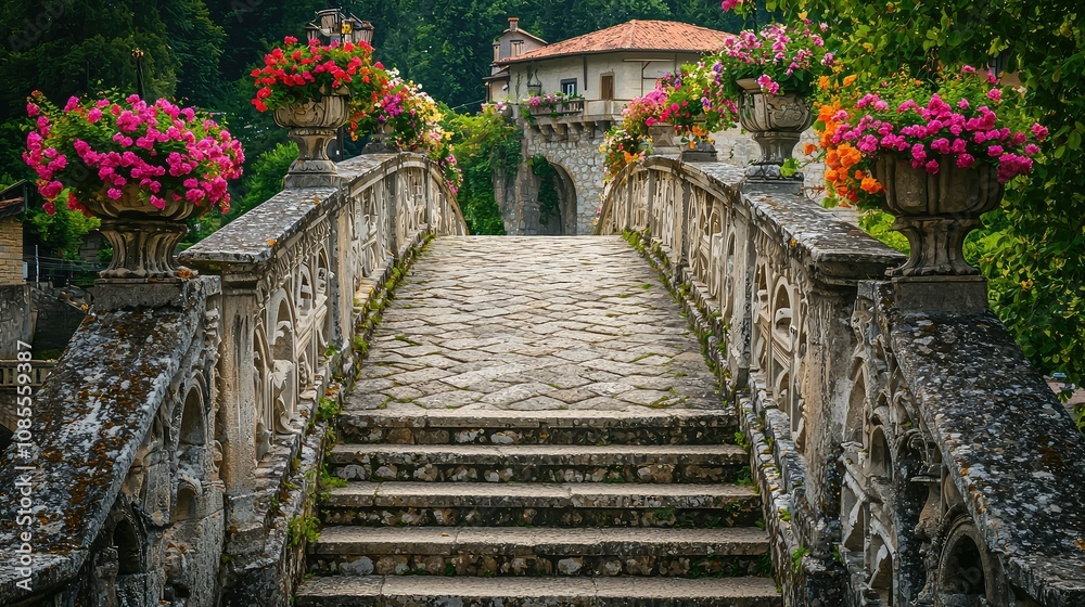 Fototapeta premium Elegant Stone Bridge with Intricate Railings and Flowers