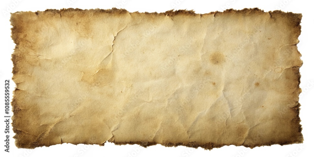 A weathered and aged parchment paper with burn marks and creases, ideal for vintage design and background textures. A weathered and aged parchment paper with burn marks and creases, ideal for vintage design and background textures.