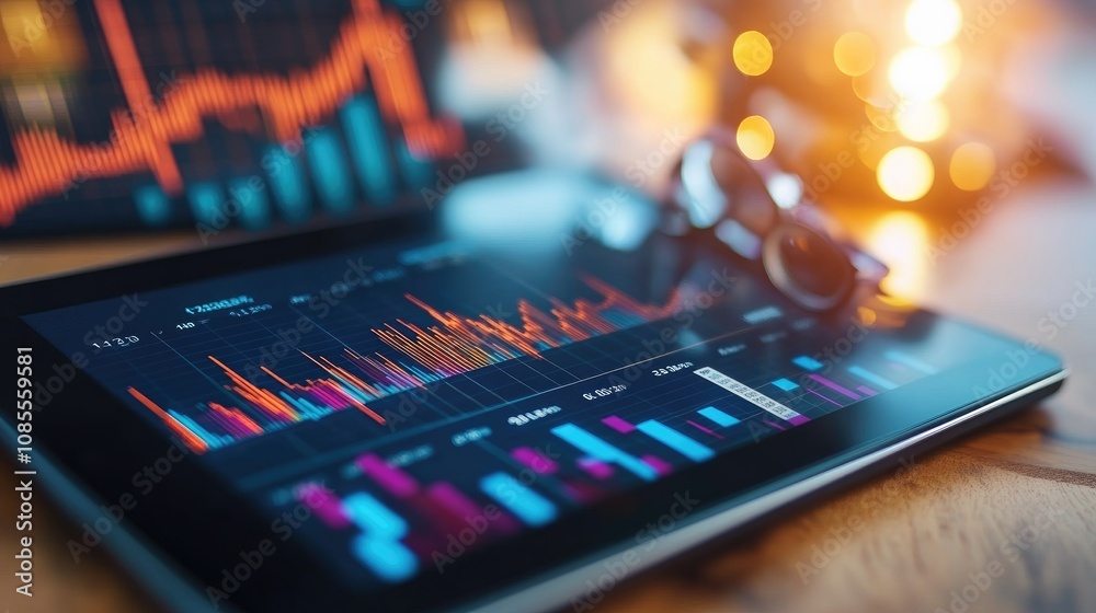 Digital Financial Data Analysis on a Tablet with Colorful Graphs and Bokeh Lights in Background, Depicting Modern Technology and Business Insights Digital Financial Data Analysis on a Tablet with Colorful Graphs and Bokeh Lights in Background, Depicting Modern Technology and Business Insights