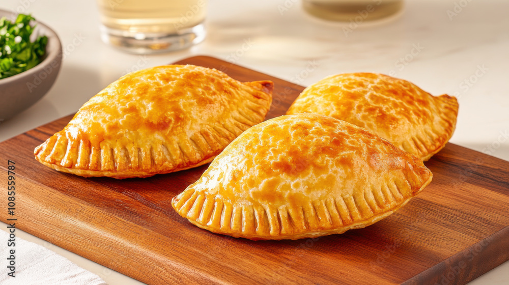 Baking Homemade, Golden baked empanadas cooling on wooden board, showcasing deliciously flaky crust. Perfect for savory snack or appetizer Baking Homemade, Golden baked empanadas cooling on wooden board, showcasing deliciously flaky crust. Perfect for savory snack or appetizer