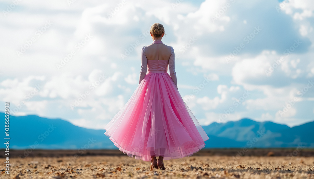 Serene Scene of Woman in Pink Gown with Graceful Posture in Picturesque Field with Clear Blue Sky and Mountain Silhouettes Serene Scene of Woman in Pink Gown with Graceful Posture in Picturesque Field with Clear Blue Sky and Mountain Silhouettes