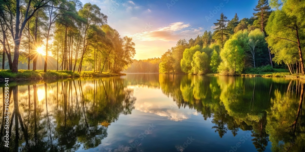 Golden Sunlight Illuminates a Tranquil River, Reflected in the Still Waters Surrounded by Verdant Trees Golden Sunlight Illuminates a Tranquil River, Reflected in the Still Waters Surrounded by Verdant Trees