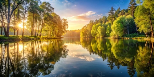 Golden Sunlight Illuminates a Tranquil River, Reflected in the Still Waters Surrounded by Verdant Trees