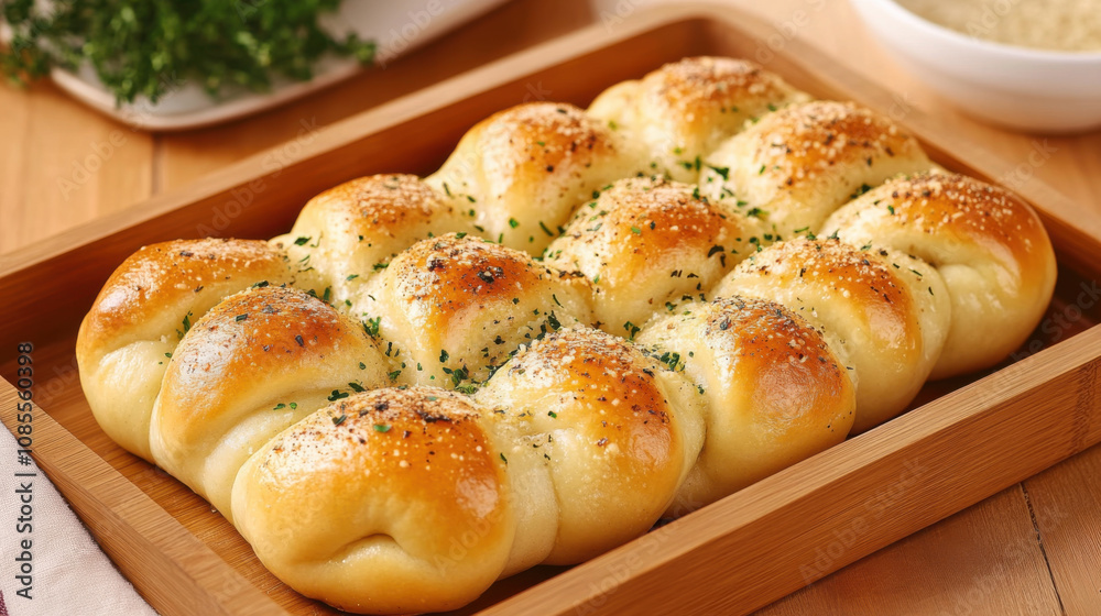 Baking Homemade, Golden baked garlic knots sprinkled with herbs, served in wooden tray, create delightful and appetizing presentation perfect for any meal Baking Homemade, Golden baked garlic knots sprinkled with herbs, served in wooden tray, create delightful and appetizing presentation perfect for any meal