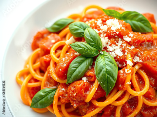 Delicious spaghetti topped with fresh basil and rich tomato sauce on a white plate, perfect for a hearty meal at home