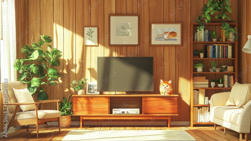 Modern Living Room with Wooden Panel Wall