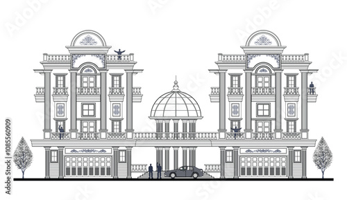 Facade of 3 storeys symmetrical modern classic building with 6 doors, 14 windows, long balustrade, frame, 21 columns, canopy, crowns, balcony, dome, and curve wall element.