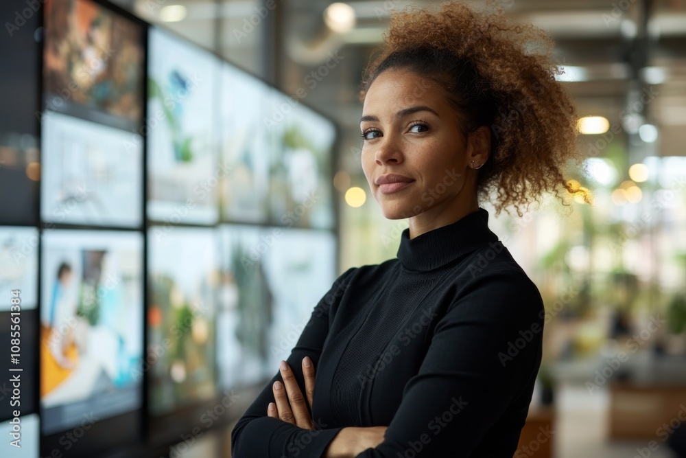 Fototapeta premium Confident Young Businesswoman with Arms Crossed in Modern Office